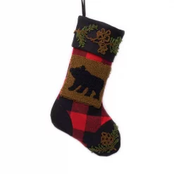Glitzhome 19 In. Polyester/Acrylic Plaid Christmas Stocking With Rug Hooked Bear