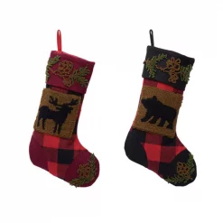 Glitzhome 19 In. Acrylic Plaid Stocking With Rug Hooked Reindeer And Bear (Set Of 2)