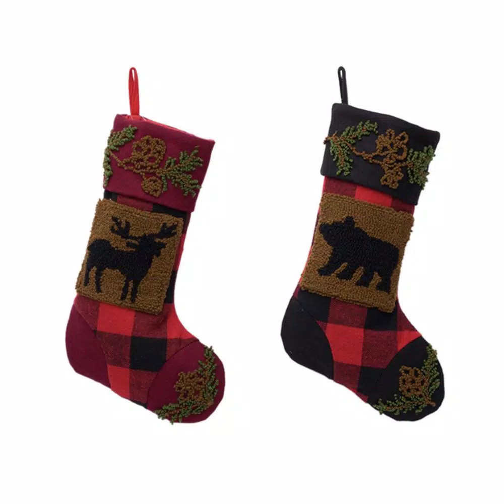 Glitzhome 19 In. Acrylic Plaid Stocking With Rug Hooked Reindeer And Bear (Set Of 2) 1 Glitzhome 19 In. Acrylic Plaid Stocking With Rug Hooked Reindeer And Bear (Set Of 2)