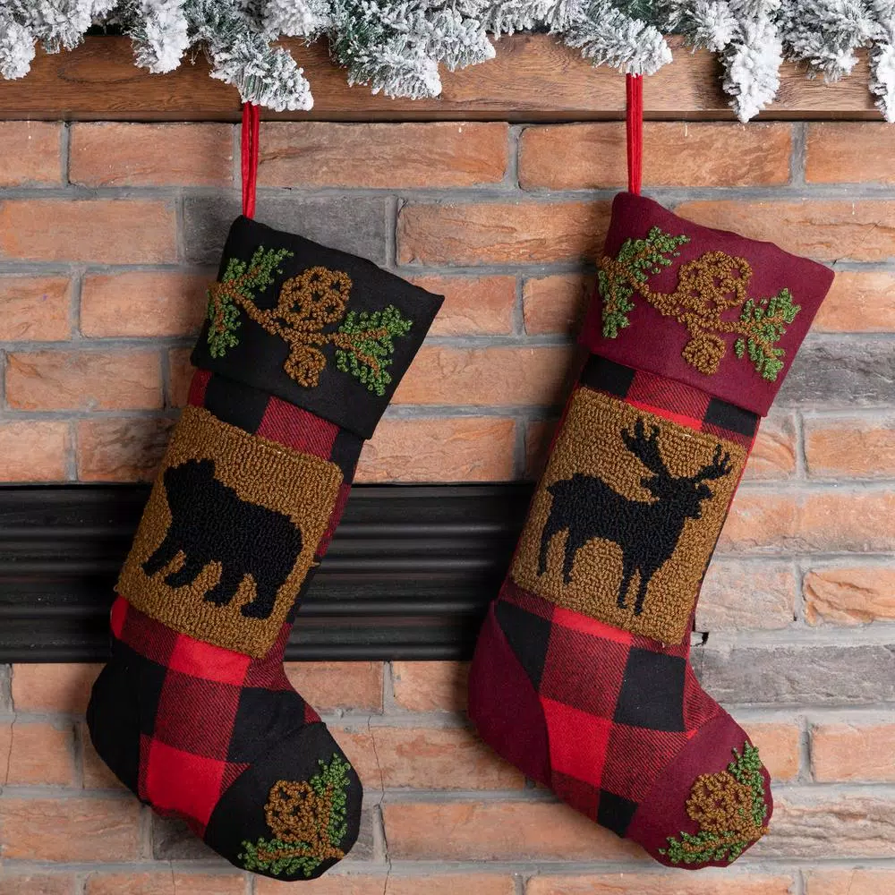 Glitzhome 19 In. Acrylic Plaid Stocking With Rug Hooked Reindeer And Bear (Set Of 2) 8 Glitzhome 19 In. Acrylic Plaid Stocking With Rug Hooked Reindeer And Bear (Set Of 2) - Image 8