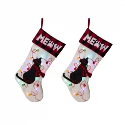 Glitzhome 21 In. Polyester LED Embroidered Linen Cat Christmas Stocking (2-Pack)