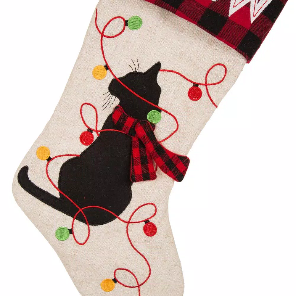 Glitzhome 21 In. Polyester LED Embroidered Linen Cat Christmas Stocking (2-Pack) 4 Glitzhome 21 In. Polyester LED Embroidered Linen Cat Christmas Stocking (2-Pack) - Image 4