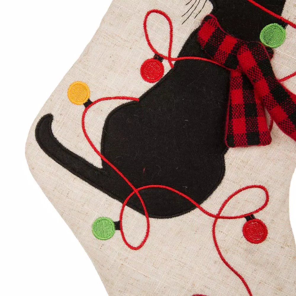 Glitzhome 21 In. Polyester LED Embroidered Linen Cat Christmas Stocking (2-Pack) 5 Glitzhome 21 In. Polyester LED Embroidered Linen Cat Christmas Stocking (2-Pack) - Image 5