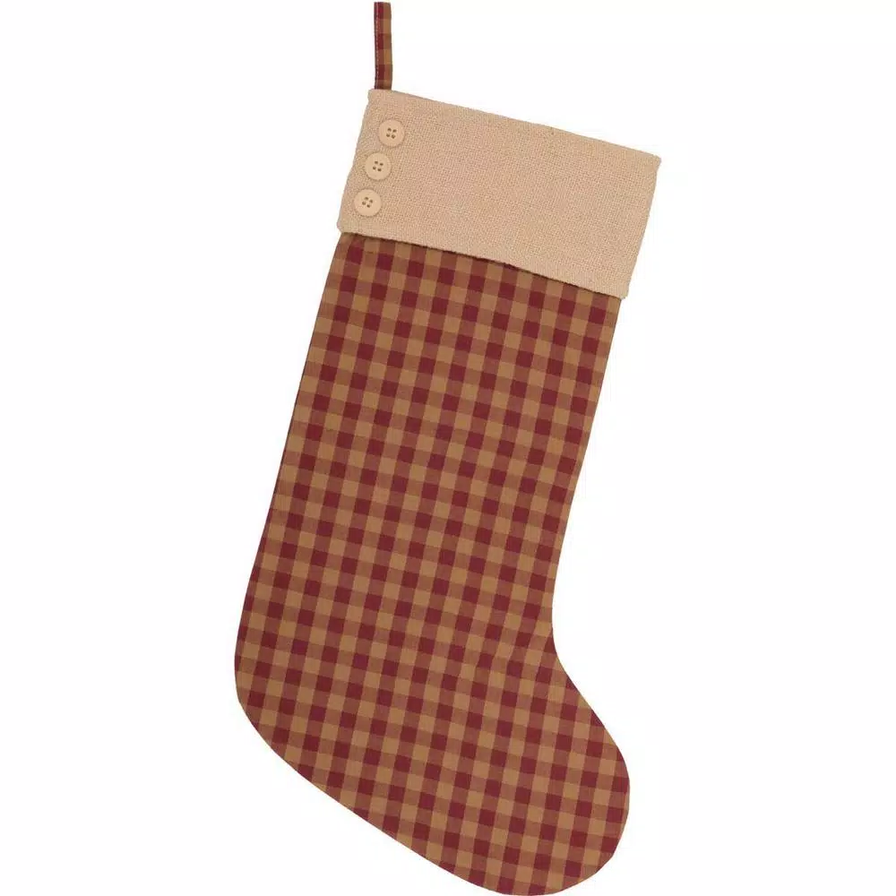 VHC Brands 20 In. Cotton/Jute Burgundy Check Red Primitive Christmas Decor Button Stocking 1 VHC Brands 20 In. Cotton/Jute Burgundy Check Red Primitive Christmas Decor Button Stocking
