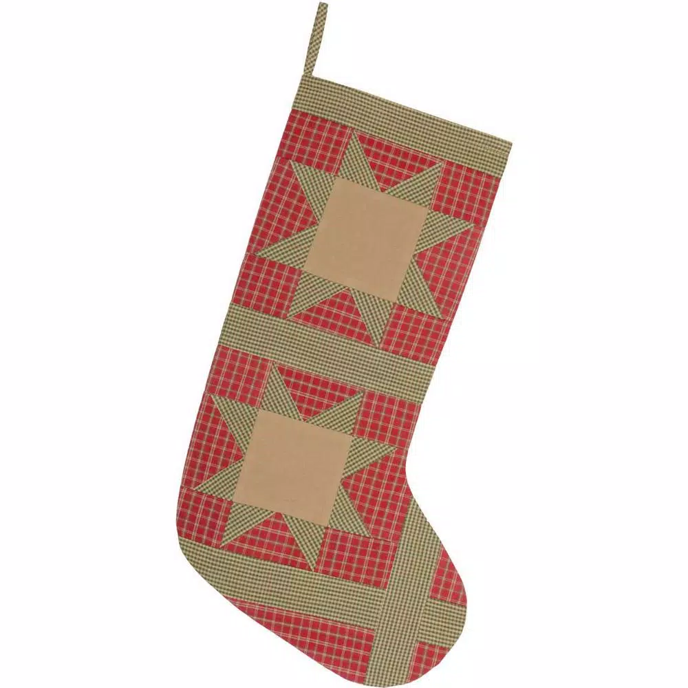 VHC Brands 20 In. Cotton Red Dolly Star Primitive Christmas Decor Patch Stocking 1 VHC Brands 20 In. Cotton Red Dolly Star Primitive Christmas Decor Patch Stocking
