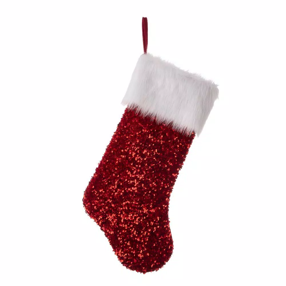 Glitzhome 21 In. H Red Sequin Christmas Stocking 1 Glitzhome 21 In. H Red Sequin Christmas Stocking