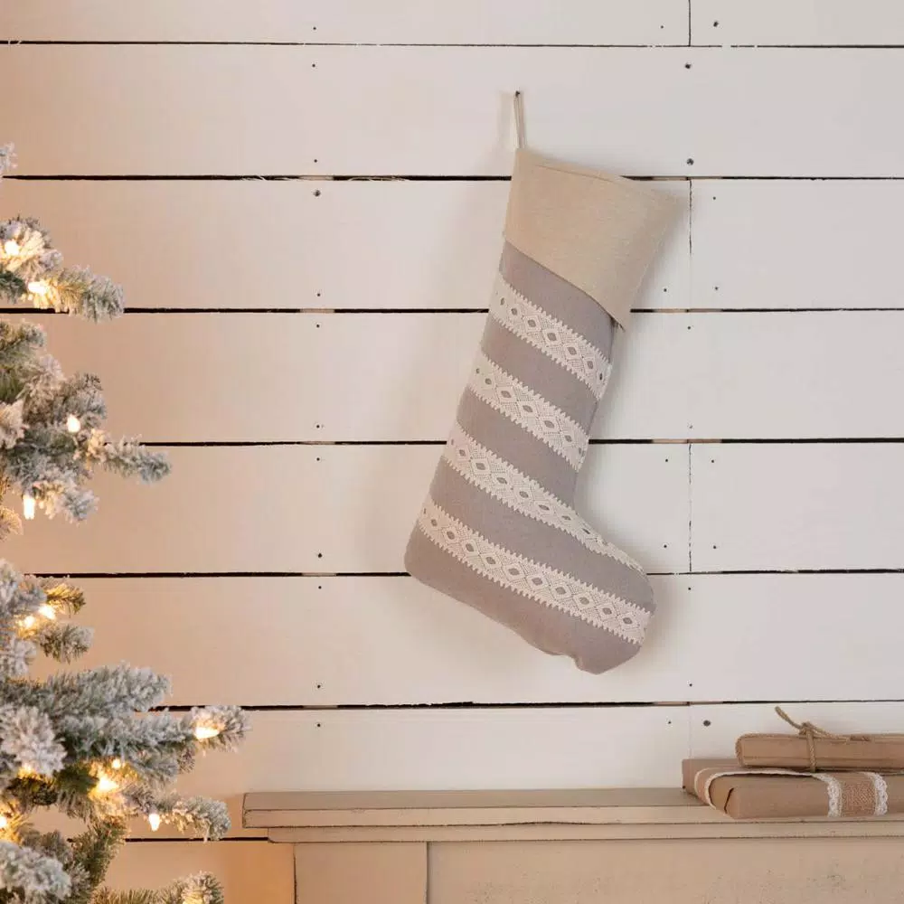VHC Brands 20 In. Cotton/Felt Grey Margot Farmhouse Christmas Decor Stocking 3 VHC Brands 20 In. Cotton/Felt Grey Margot Farmhouse Christmas Decor Stocking - Image 3