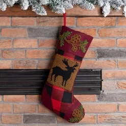 Glitzhome 19 In. Polyester/Acrylic Plaid Christmas Stocking With Rug Hooked Reindeer -Indoor-Christmas-Decorations Sales unnamed file 1240