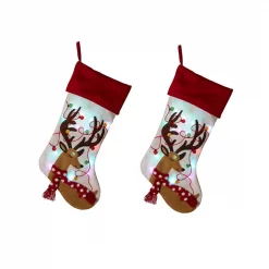 Glitzhome 21 In. H LED Embroidered Polyester Linen Christmas Decoration Stocking (2-Pack)