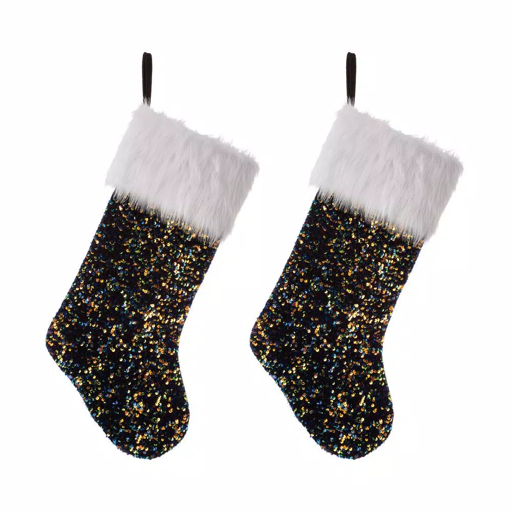Glitzhome 21 In. H Polyester Navy Blue Sequin Christmas Stocking (2-Pack) 1 Glitzhome 21 In. H Polyester Navy Blue Sequin Christmas Stocking (2-Pack)