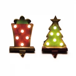 Glitzhome 4.92 In. L X 3.54 In. W X 7.48 In. H Marquee LED Tree And Gift Box Stocking Holder Set Of 2