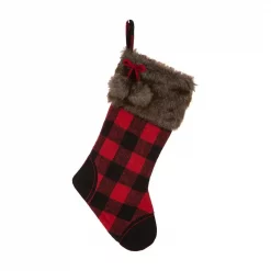 Glitzhome 21 In. H Black/Red Polyester Fur Buffalo Plaid Christmas Stocking