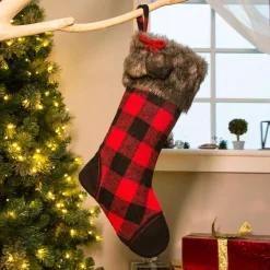 Glitzhome 21 In. H Black/Red Polyester Fur Buffalo Plaid Christmas Stocking -Indoor-Christmas-Decorations Sales unnamed file 268
