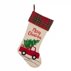 Glitzhome 21 In. L Embroidered Linen Christmas Stocking – Red Truck