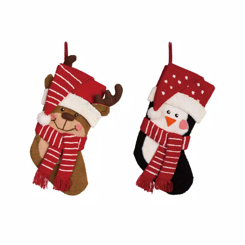 Glitzhome 19 In. H Acrylic/Polyester 3D Hooked Penguin And Reindeer Stocking (Set Of 2) 1 Glitzhome 19 In. H Acrylic/Polyester 3D Hooked Penguin And Reindeer Stocking (Set Of 2)