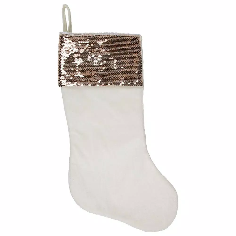Northlight 20 In. Rose Gold And White Reversible Sequin Cuff Polyester Christmas Stocking 1 Northlight 20 In. Rose Gold And White Reversible Sequin Cuff Polyester Christmas Stocking