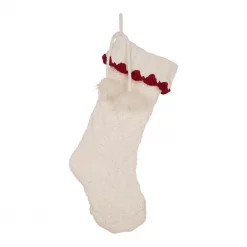 Glitzhome 22 In. L Knitted Polyester White Christmas Stocking With Red Trim And Pompom