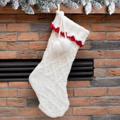 Glitzhome 22 In. L Knitted Polyester White Christmas Stocking With Red Trim And Pompom -Indoor-Christmas-Decorations Sales unnamed file 486
