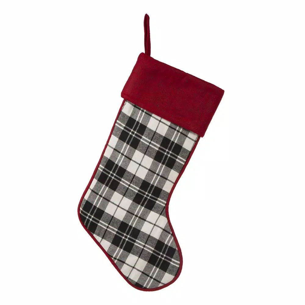Glitzhome 20 In. L Black And White Plaid Fabric Christmas Stocking 1 Glitzhome 20 In. L Black And White Plaid Fabric Christmas Stocking