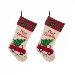 Glitzhome 21 In. Polyester Embroidered Linen Christmas Decoration Stocking (2-Pack)