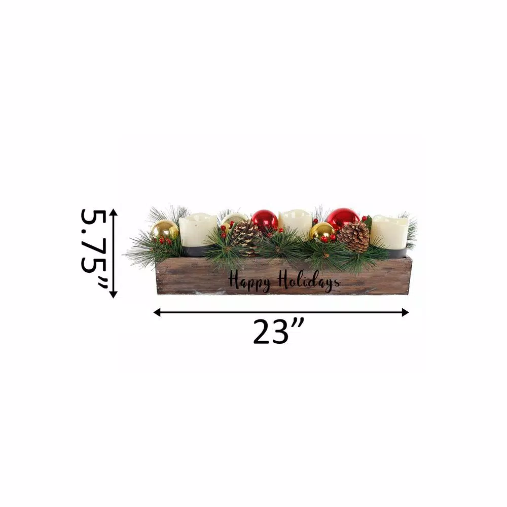 Flora Bunda 23 In. L Wood Happy Holidays Ledge Candle Holder With Pinecones And Berries 2 Flora Bunda 23 In. L Wood Happy Holidays Ledge Candle Holder With Pinecones And Berries - Image 2