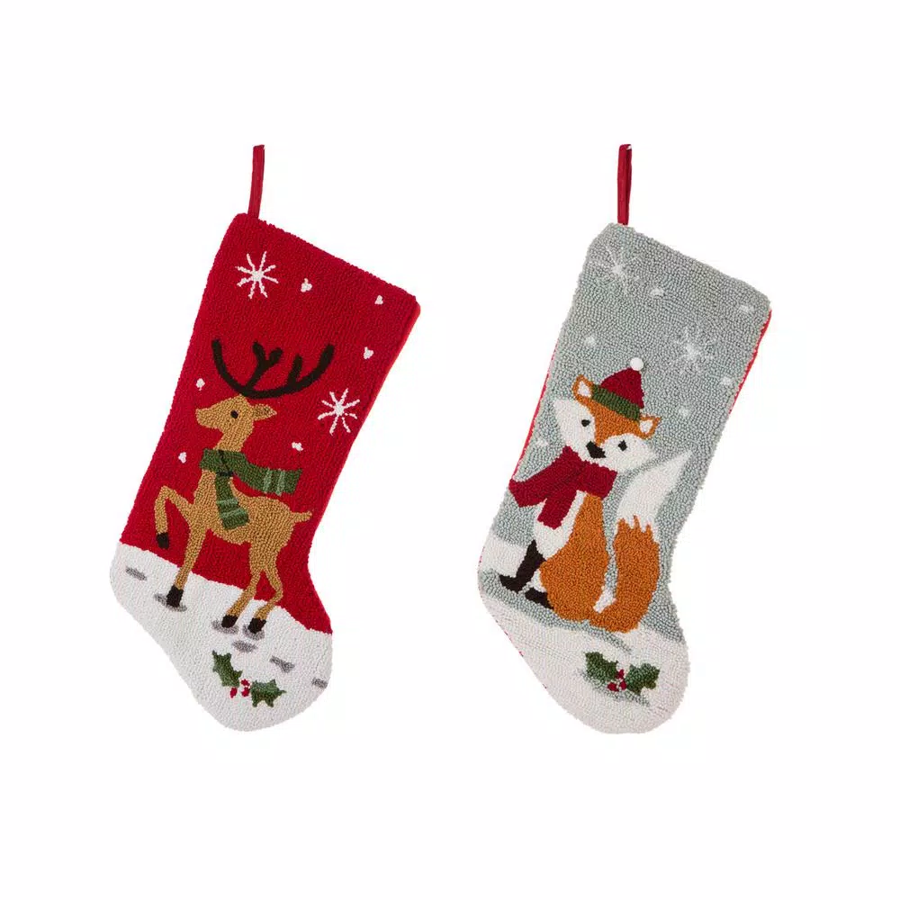 Glitzhome Hooked Stocking (Reindeer And Fox) (Set Of 2) 1 Glitzhome Hooked Stocking (Reindeer And Fox) (Set Of 2)