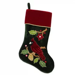 Northlight 20 In. Red And Green Velveteen Cardinal Embroidered Polyester Christmas Stocking
