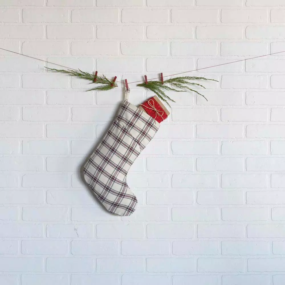 VHC Brands 15 In. 100% Cotton Amory Ivory White Farmhouse Christmas Decor Plaid Stocking 2 VHC Brands 15 In. 100% Cotton Amory Ivory White Farmhouse Christmas Decor Plaid Stocking - Image 2