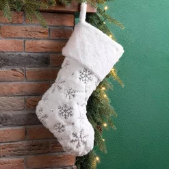 Glitzhome 21 In. H Polyester White Plush Stocking With Snowflake Christmas -Indoor-Christmas-Decorations Sales unnamed file 695