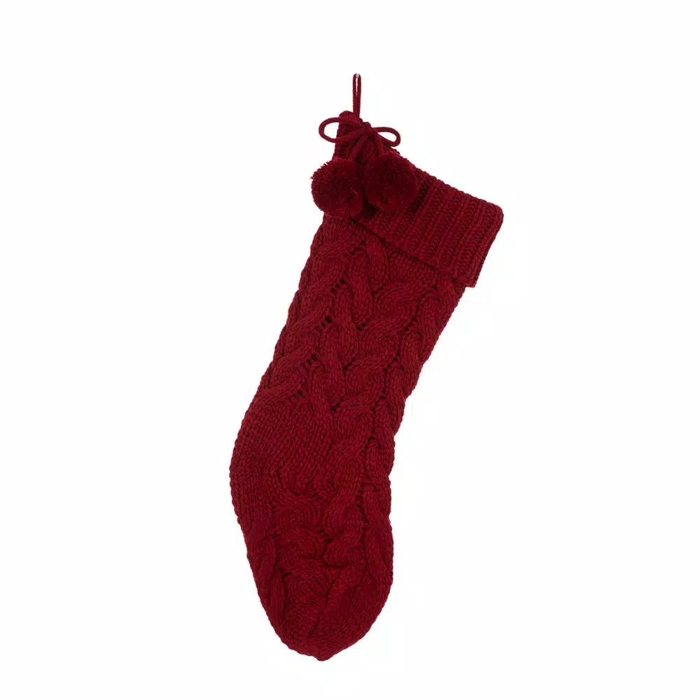 Glitzhome 24 In. H Knitted Polyester Christmas Stocking With Pom Ball-Red 1 Glitzhome 24 In. H Knitted Polyester Christmas Stocking With Pom Ball-Red