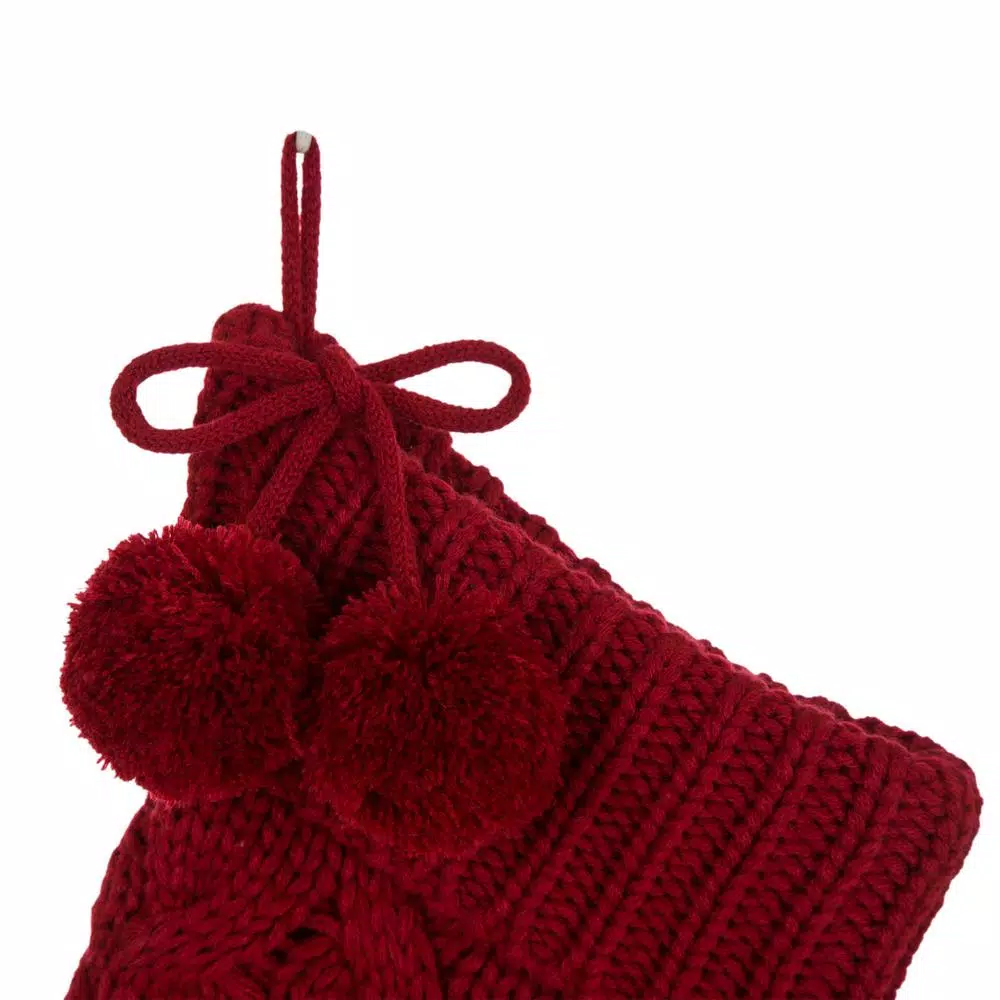 Glitzhome 24 In. H Knitted Polyester Christmas Stocking With Pom Ball-Red 2 Glitzhome 24 In. H Knitted Polyester Christmas Stocking With Pom Ball-Red - Image 2