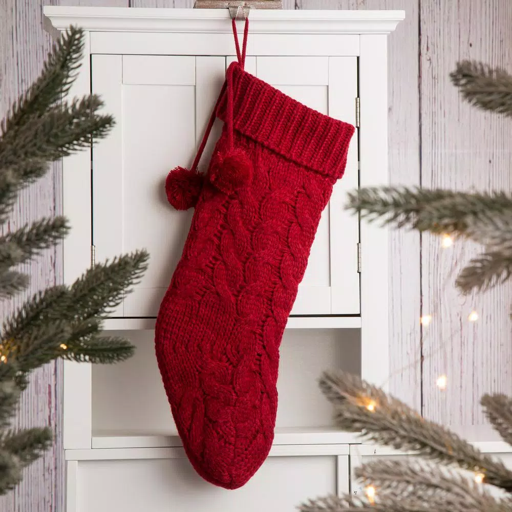 Glitzhome 24 In. H Knitted Polyester Christmas Stocking With Pom Ball-Red 5 Glitzhome 24 In. H Knitted Polyester Christmas Stocking With Pom Ball-Red - Image 5