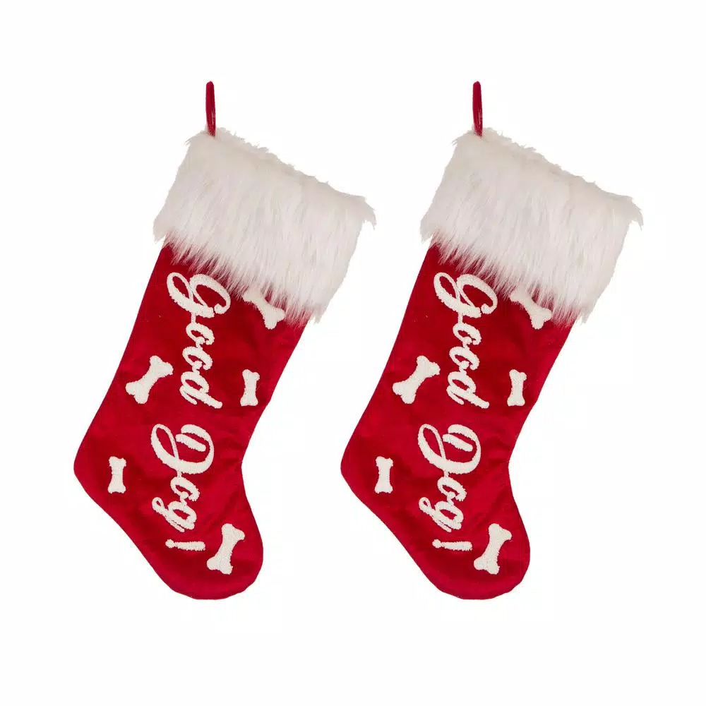 Glitzhome 21 In. H Polyester Velvet Christmas Stocking With Plush Cuff- Good Dog (2-Pack) 1 Glitzhome 21 In. H Polyester Velvet Christmas Stocking With Plush Cuff- Good Dog (2-Pack)