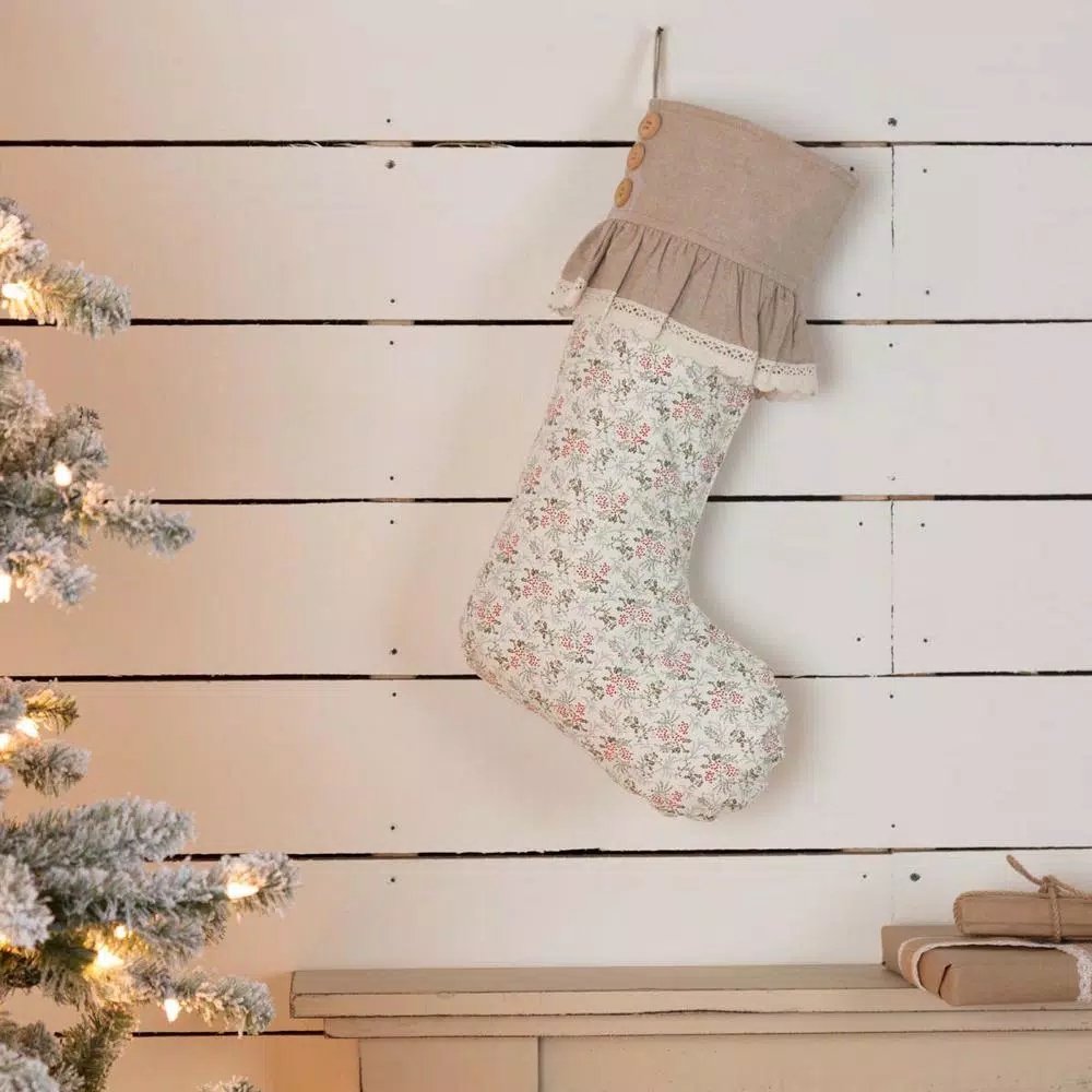 VHC Brands 20 In. Cotton Carol Creme White Farmhouse Christmas Decor Floral Stocking 3 VHC Brands 20 In. Cotton Carol Creme White Farmhouse Christmas Decor Floral Stocking - Image 3