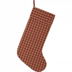 VHC Brands 20 In. Cotton Burgundy Check Red Primitive Christmas Decor Stocking
