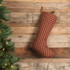 VHC Brands 20 In. Cotton Burgundy Check Red Primitive Christmas Decor Stocking -Indoor-Christmas-Decorations Sales unnamed file 972