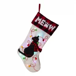 Glitzhome 21 In. L LED Embroidered Linen Christmas Stocking – Cat